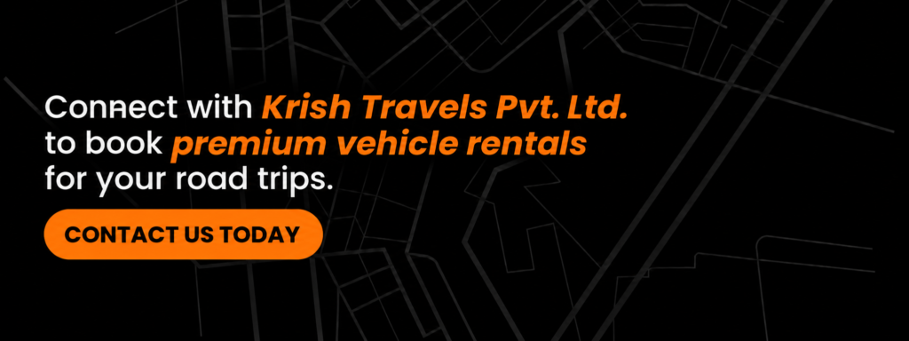 Krish Travels Pvt. Ltd. call-to-action banner promoting premium vehicle rental services for comfortable road trips across India.