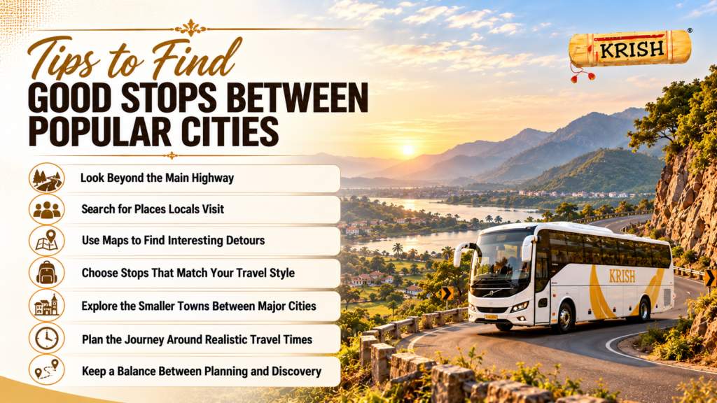 Seven tips to discover the best road trip stops between popular Indian cities, including scenic detours, local attractions, and small towns.