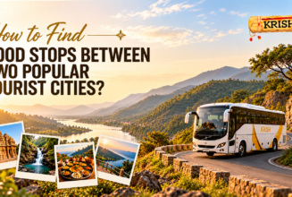 Krish Travels luxury bus on a scenic mountain road showcasing hidden tourist stops, local attractions, and road trip destinations in India