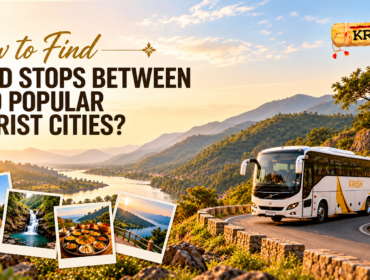 Krish Travels luxury bus on a scenic mountain road showcasing hidden tourist stops, local attractions, and road trip destinations in India