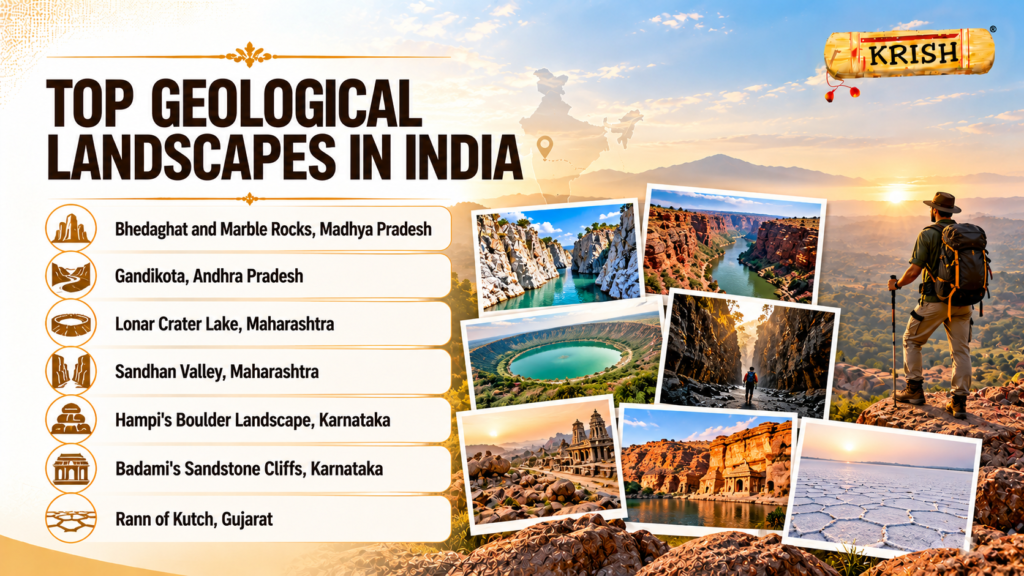 Top geological landscapes in India featuring Bhedaghat Marble Rocks, Gandikota Canyon, Lonar Lake, Hampi, Badami and Rann of Kutch.