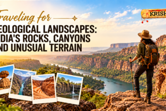 Geological landscapes in India featuring dramatic rock formations, scenic canyons, unusual terrain and a traveler exploring rocky cliffs.
