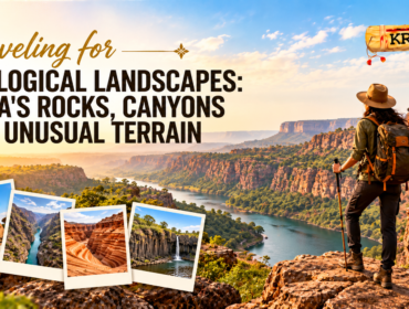 Geological landscapes in India featuring dramatic rock formations, scenic canyons, unusual terrain and a traveler exploring rocky cliffs.