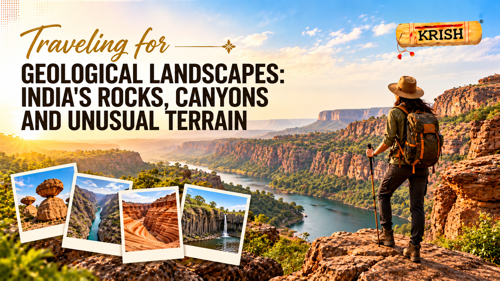 Geological landscapes in India featuring dramatic rock formations, scenic canyons, unusual terrain and a traveler exploring rocky cliffs.